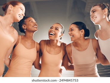 Group, dancer and hug of ballet, laughing and smile for celebration of show in stage and diversity. Happy, team and achievement in competition for performance of athlete, girls and embrace in theatre - Powered by Shutterstock