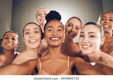 Group, dancer and portrait of ballet, selfie and smile for celebration of show in stage and diversity. Happy, team and competition for performance of athlete, girls and memory for women in theatre - Powered by Shutterstock