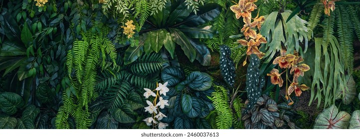 Group of dark green tropical leaves background, Nature Lush Foliage Leaf Texture, tropical leaf - Powered by Shutterstock