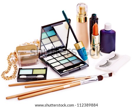 Group decorative cosmetics for makeup. Still life.