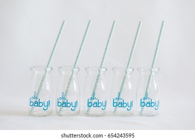 Group Of Decorative Empty Jars With Straws, Ready To Serve Drinks At A Baby Boy Shower