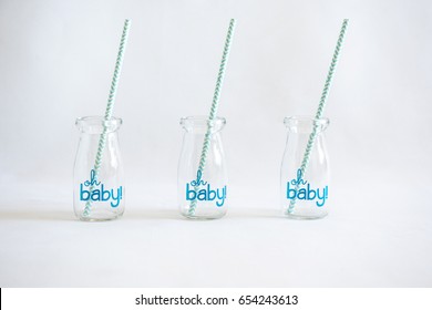 Group Of Decorative Empty Jars With Straws, Ready To Serve Drinks At A Baby Boy Shower