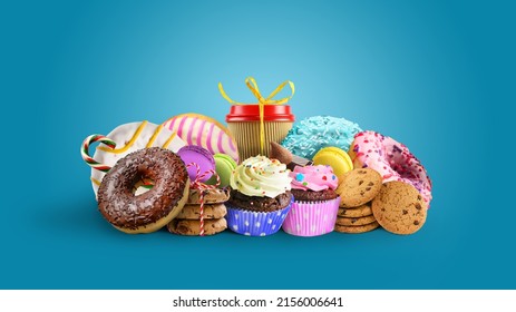 Group Of Different Confectionery Cupcakes, Donuts, Sweets On Blue Background With Copy Space