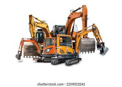 Group of different excavators isolated on white background. Mini excavators. Ground excavators. Rental of construction equipment. Modern building equipment for earthworks. element for design