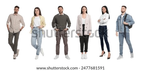 Group of different men and women on white background