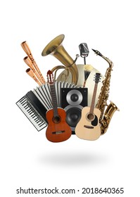 Group different musical instruments white background
