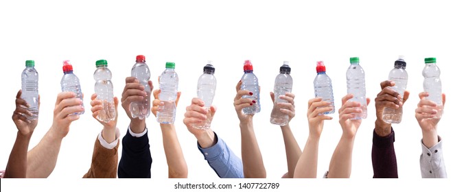 Group Of Different People Holding Water Bottles In A Row Isolated On White