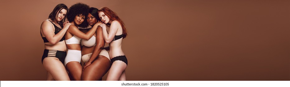 Group of different size women in lingerie hugging each other and looking at camera. Diverse group of women in different underwear together on brown background.
