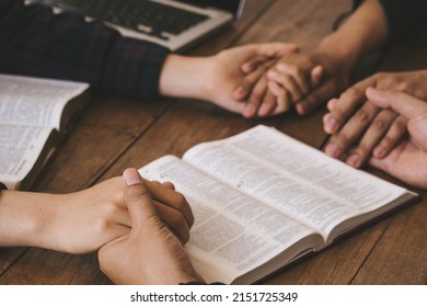 Group Of Different Women Praying Together, Christians And Bible Study. Begging For Forgiveness And Believe In Goodness. Christian Life Crisis Prayer To God. 
