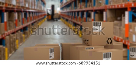 Group of digitally generated brown cardboard boxes against forklift loading boxes