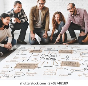 Group discussing Content Strategy with notes and diagrams on the floor.