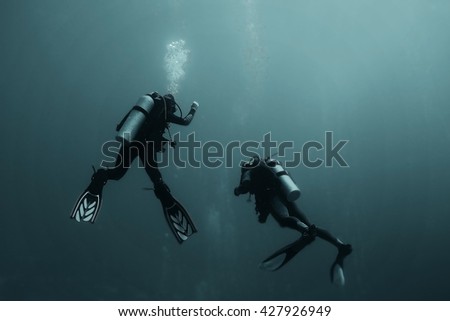 Similar – Two persons in their back with scuba diving equipment exploring the ocean floor.