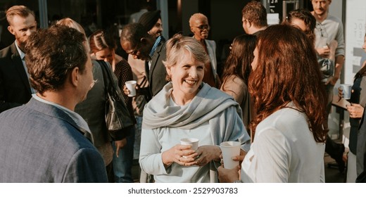 Group of diverse business people socializing outdoors, holding cups, smiling, and chatting. Casual gathering enjoying conversation and drinks. Diverse businesss people mingle in social event outdoors. - Powered by Shutterstock