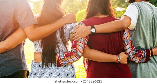 Group of diverse friends embracing outdoors, arms around each other, showing unity and friendship. Diverse Indian group of friends enjoying togetherness, arms around each other - Powered by Shutterstock