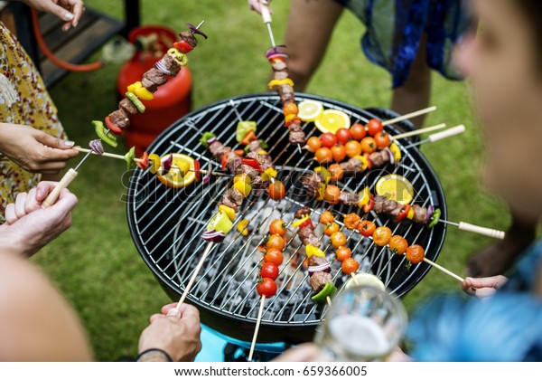 Group Diverse Friends Grilling Barbecue Outdoors Stock Photo 659366005 ...