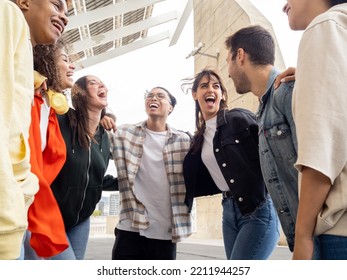 Group Of Diverse Friends Hugging And Laughing While Having A Good Time Together. Best Friends