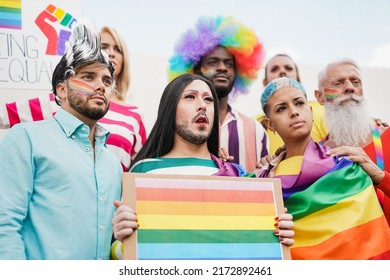 Group Of Diverse Gay People Looking Serious At Pride Parade - Homosexual Love And Equality Concept