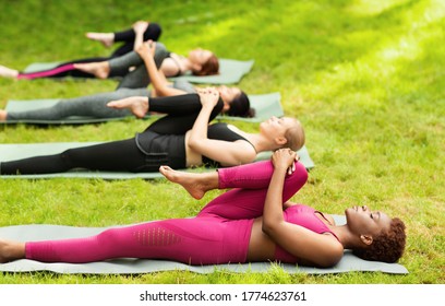 Group Of Diverse Girls Stretching Their Leg During Yoga Class Outside, Copy Space. Panorama