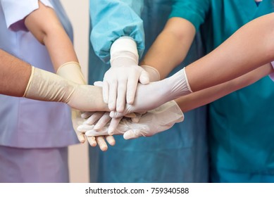 Group Of Diverse Hands Healthcare Team. Doctor And Nurse Work Together For Treatment Patient.