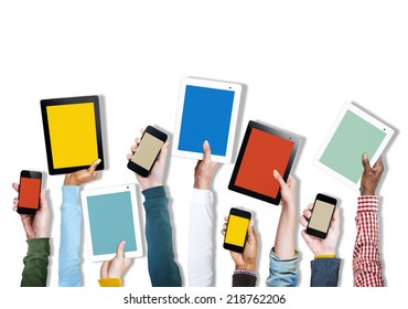 Group Of Diverse Hands Holding Digital Devices