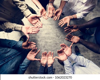 Group Of Diverse Hands Palms Circle Support Together Teamwork Aerial View