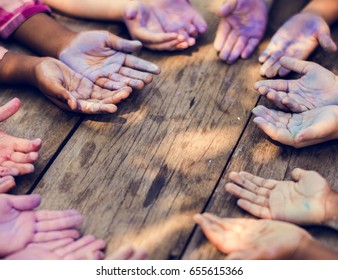 Group Of Diverse Kids Hands With Chalk Paint