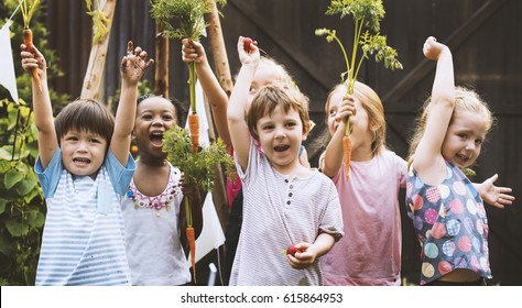 Group Of Diverse Kids Learning Environment At Vegetable Farm