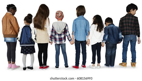 Group Of Diverse Kids Students Standing In A Row Holdings Hands