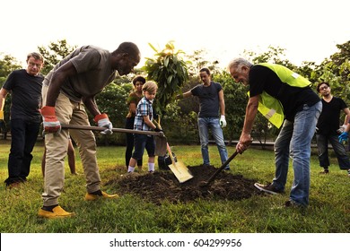 Groep diverse mensen die samen een gat graven om boom te planten