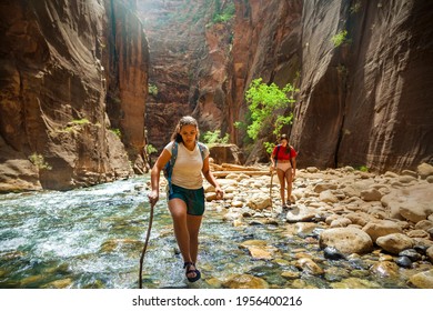 Group of diverse people hiking through a river at Zion National Park. Exploring the beauty of the Narrows and the beautiful canyons of southern Utah.	