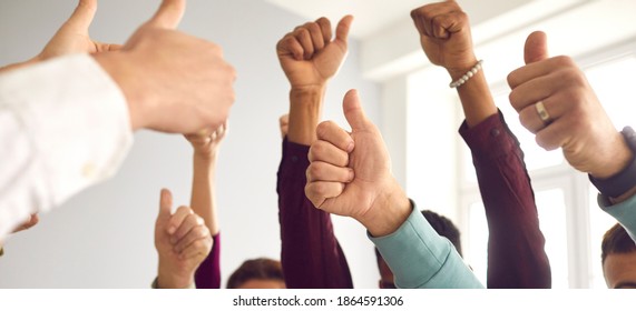 Group Of Diverse People Raising Hands And Giving Thumbs-up, Celebrating Success, Teamwork And Good Results, Showing Positive Attitude And Strong Team Spirit. Web Banner Background, Website Header