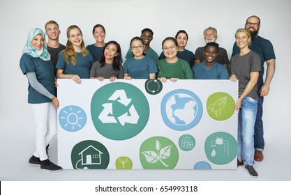 Group Of Diverse People Showing Recycle Sign Eco Friendly Save Earth Word Graphic