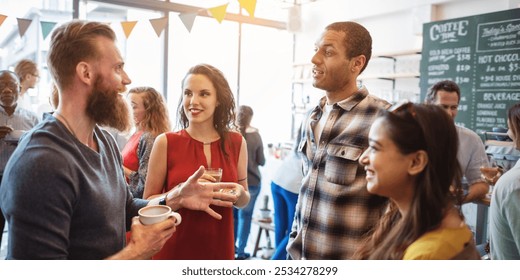 Group of diverse people socializing at a casual gathering. They are chatting, smiling, and enjoying drinks in a lively, friendly atmosphere. Diverse people mingle at gathering and social event. - Powered by Shutterstock