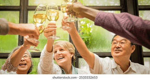 Group of diverse people toasting with wine glasses, celebrating together. Smiling faces, joyful atmosphere, diverse group enjoying a celebration. Seniors toasting with wine at luncheon. - Powered by Shutterstock