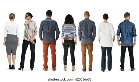 Group Of Diverse People Turn Back Side Set Studio Isolated