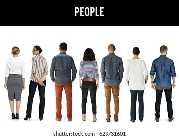 Group Of Diverse People Turn Back Side Set Studio Isolated