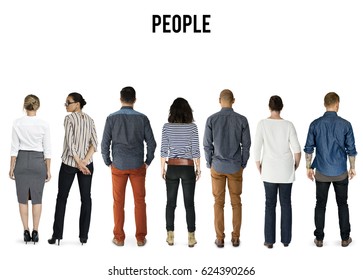 Group Of Diverse People Turn Back Side Set Studio Isolated