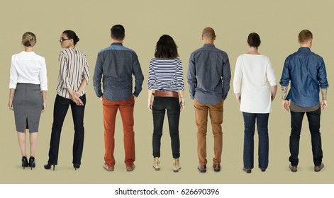 Group Of Diverse People Turn Back Side Set Studio Isolated