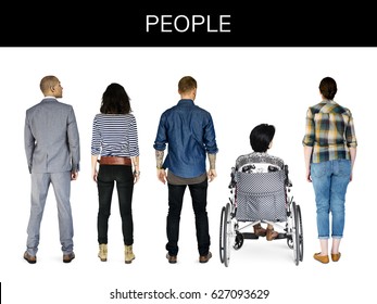 Group Of Diverse People Turn Back Side Set Studio Isolated