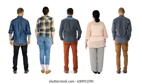 Group Of Diverse People Turn Back Side Set Studio Isolated