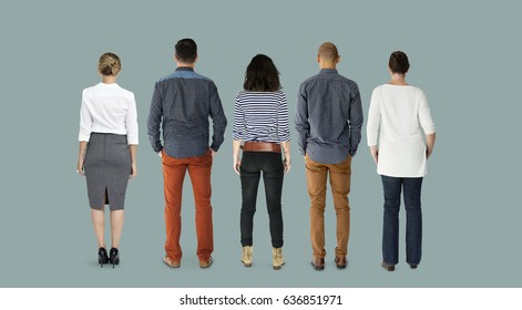 Group Of Diverse People Turn Back Side Set Studio Isolated