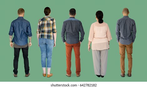 Group Of Diverse People Turn Back Side Set Studio Isolated