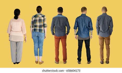 Group Of Diverse People Turn Back Side Set Studio Isolated