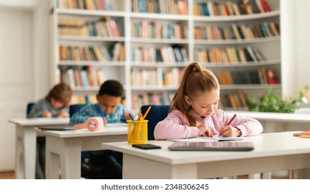 Group of diverse schoolboys and schoolgirl sitting at desks in classroom at primary school, writing or drawing in notebook. Reopening and return back to school - Powered by Shutterstock