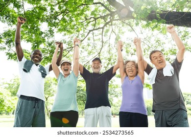 Group of diverse seniors celebrating outdoors. Happy seniors, arms raised. Elderly friends enjoying nature. Smiling seniors in a park setting. Elderly diverse friends holding hands and celebrating - Powered by Shutterstock