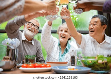 Group of diverse seniors enjoying a meal, toasting with wine. Elderly friends smiling, share a joyful moment. Seniors, diverse, and cheerful gathering. Happy retired people celebrating and toasting. - Powered by Shutterstock