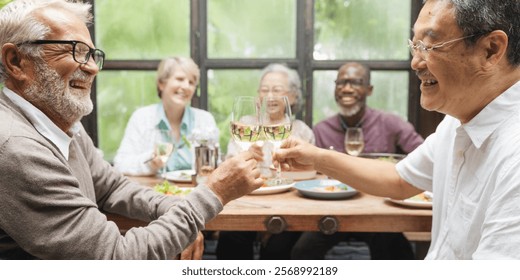 Group of diverse seniors enjoying a meal together, smiling and toasting. Elderly friends, happy gathering, cheerful seniors, diverse group, joyful meal. Senior friends celebrating with wine for lunch. - Powered by Shutterstock