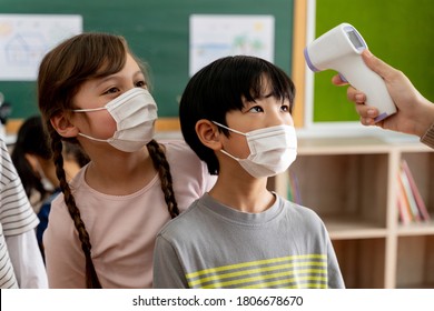 Group Diverse Students In School Building Checked And Scanned For Temperature Check. Elementary Pupils Are Wearing A Face Mask And Line Up Before Entering Into Classroom. Covid19 School Reopen Concept