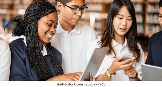 Group of diverse students using tablets and phones in a library. Engaged students, technology, and learning. Smiling students with digital devices. Diverse students in library, education concept.