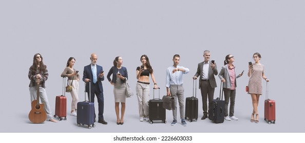 Group of diverse traveling people standing in line with trolley bags, travel and tourism concept, isolated on gray background